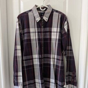 Gap Plaid Button Down Shirt Mens Large Burgundy Gray Long Sleeve